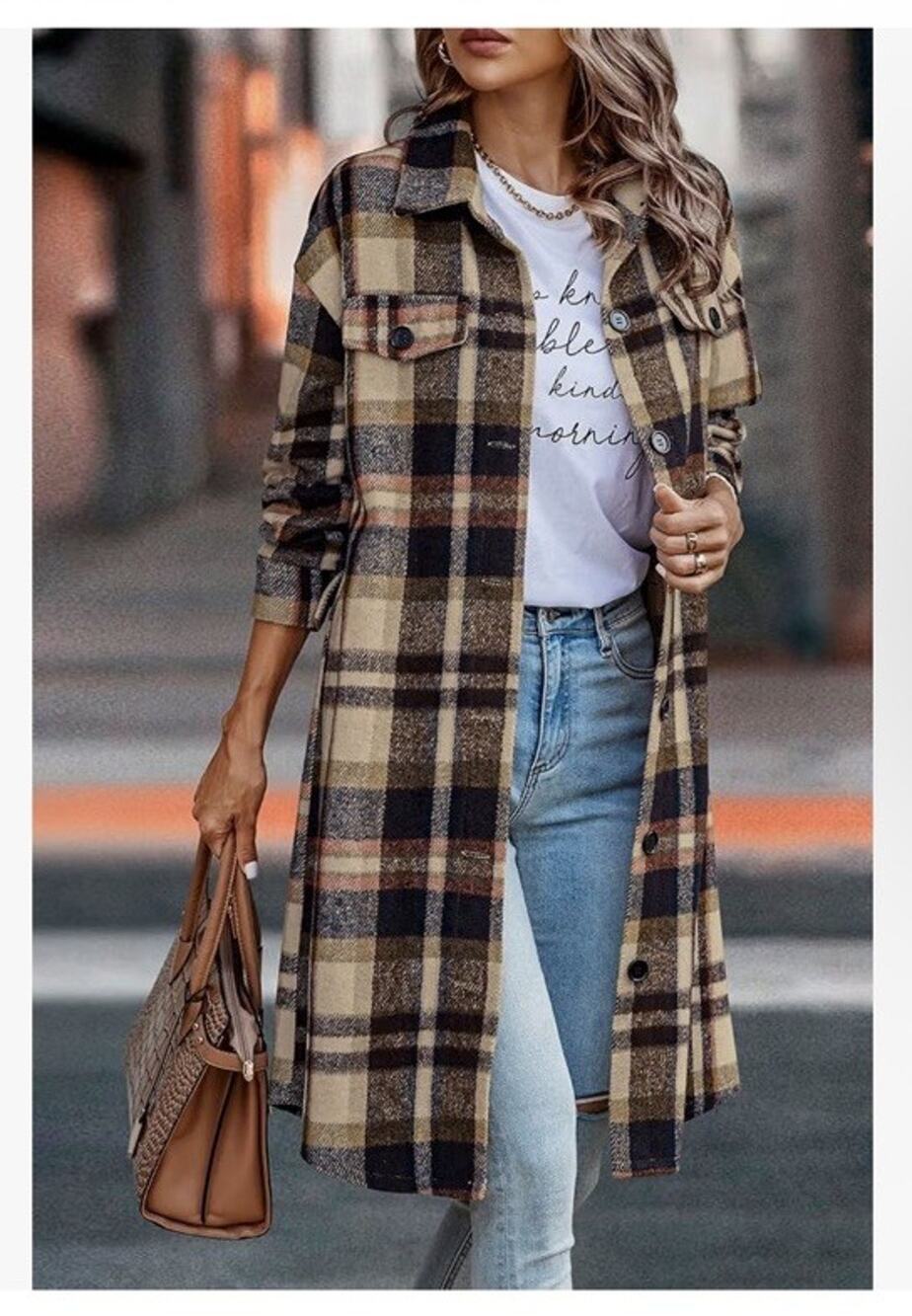 PRETTYGARDEN Plaid Long Shacket Jacket Women (M) Flannel Button Coat Fall Cozy